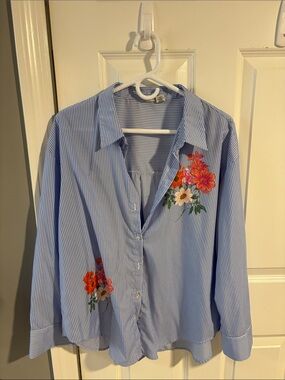 Joie Blue & White Striped Button-Up Blouse with Floral Embroidery